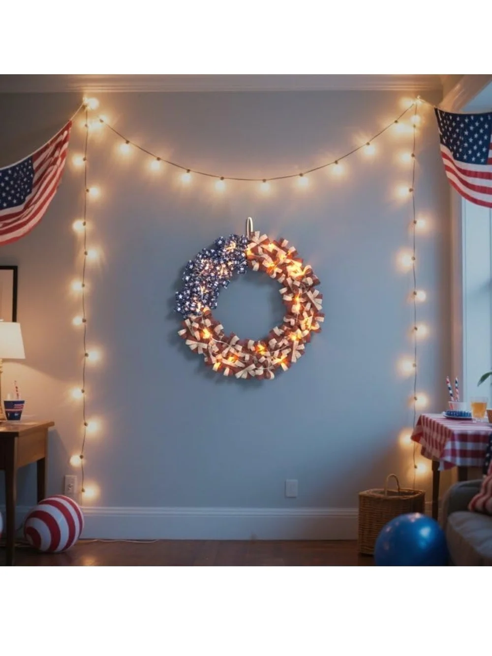 Patriotic LED Flag Ribbon Wreath - Home Holiday Decor